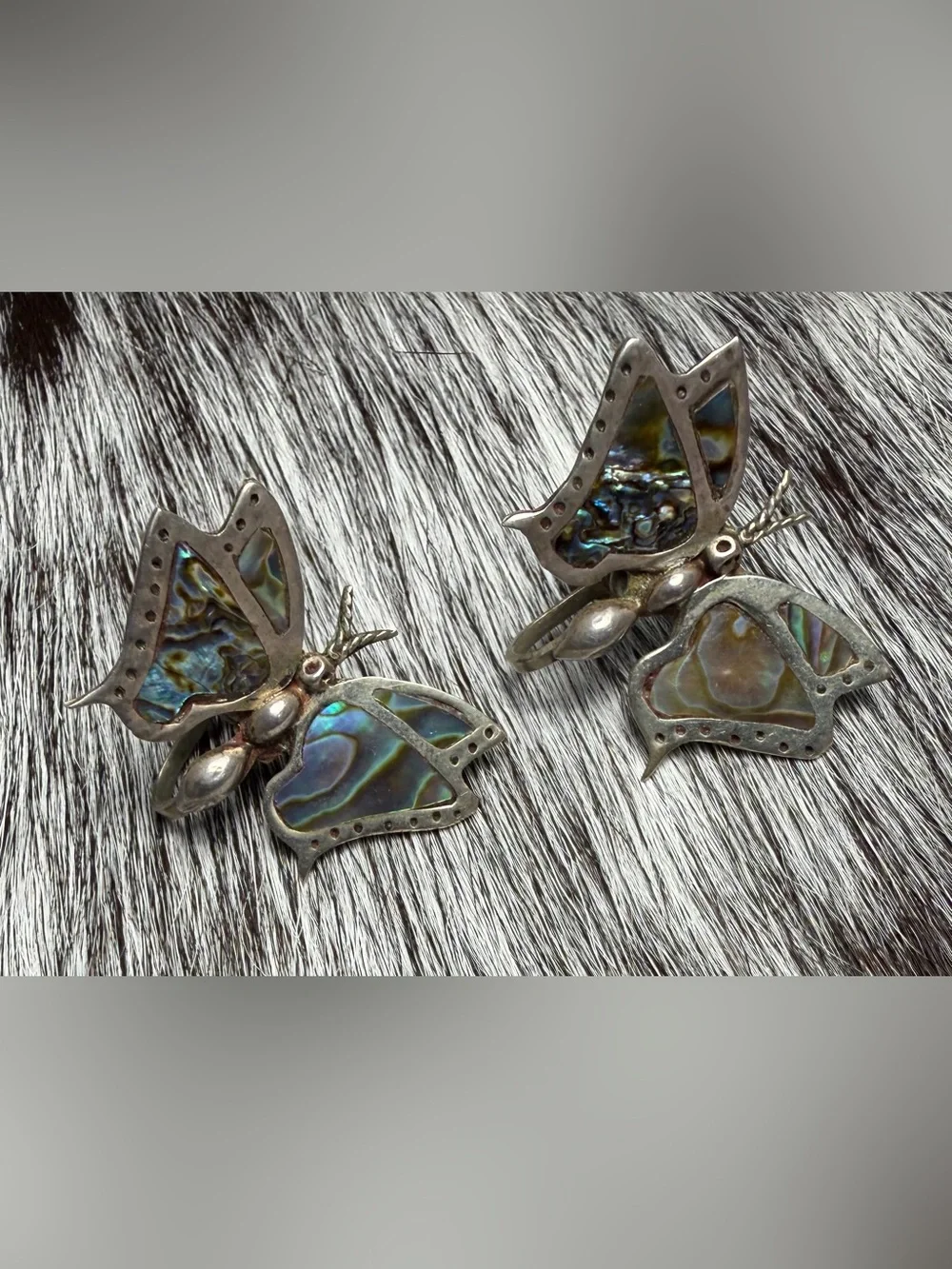 Vintage GMB Mexico Sterling Silver Abalone Butterfly Screw Back Earrings
